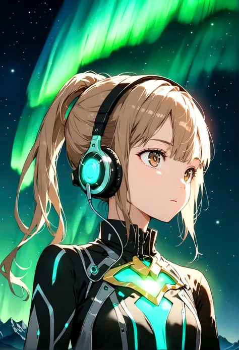 night view, ponytail, brown eyes, flat chest,  of the future, aurora shining in the night sky, beautiful, headphones，dazzling an...