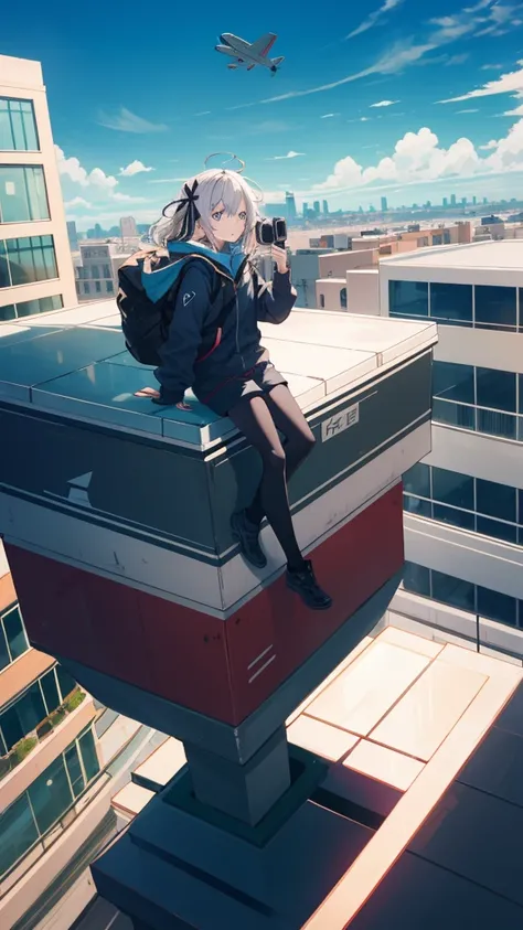 A girl, on top of a building taking photos, and a plane is passing above her