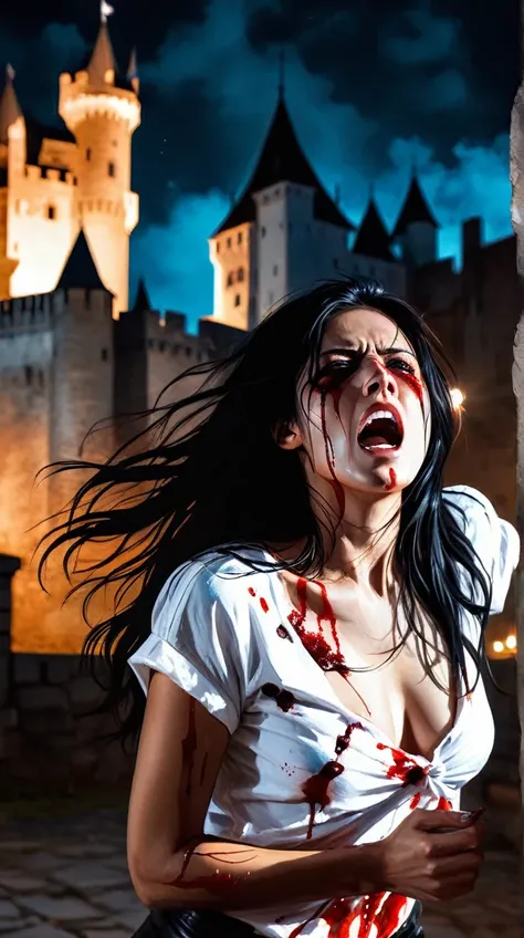 award winning photo of a screaming woman, medium breasts , eyes looking upwards, (bokeh:0.7), sidelit, (clean bloody face in detail:0.7), telephoto, moonlit, torchlit, atmosphere, castle night exterior, realistic, intricate details, long black straight hai...