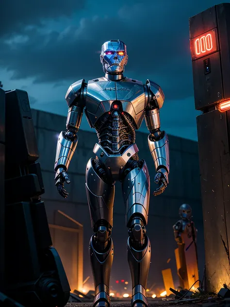 fantastic style, man and kior, half-human, half-machine, (terminator), in the robot cemetery, night, future war, (in the background there is a robot cemetery)