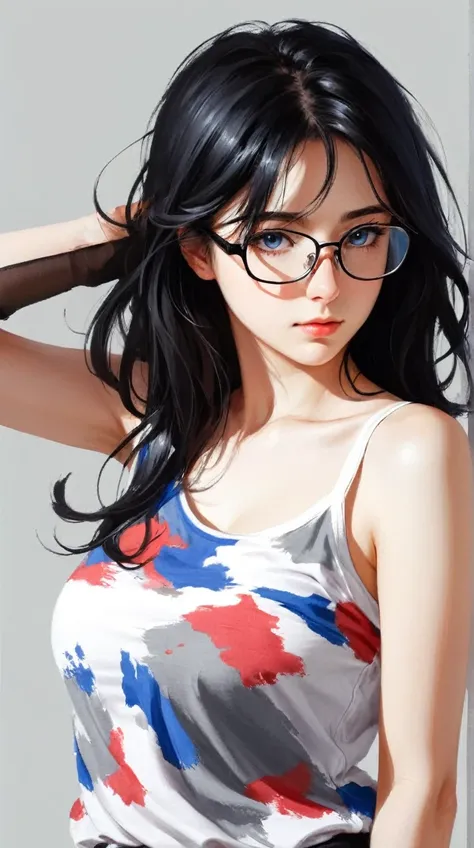 1girl, bare_shoulders, black_hair, blush, breasts, closed_mouth, eyebrows_visible_through_hair, blue eyes, glasses, grey_background, hair_between_eyes, long_hair, looking_at_viewer, big_breasts, shirt, simple_background, sleeveless, sleeveless_shirt, solo,...