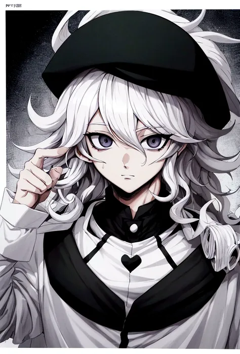 um desenho de um garoto com cabelo preto e gorro branco, scan de color manga, Nagito Komaeda, estilo visual de color manga, color manga, color manga art, your manga portrait, color manga panel,jaqueta branca,cachecol com listras preto e branco