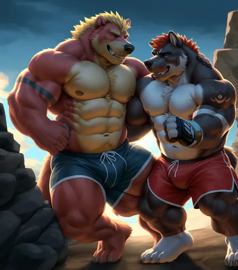 a highly detailed of a thick muscular grizzly bear and a muscular husky dog fighting in an MMA style, both shirtless and topless wearing shorts and fighting gloves, cinematic lighting, dynamic composition, vibrant colors, intricate details, hyper-realistic...