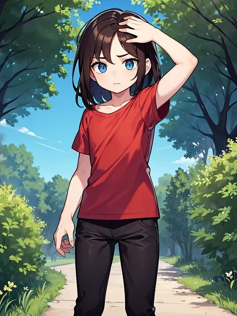 A scarred little boy with blue eyes and long brown hair, He has a red shirt and black pants, mirando al espectador en un bosque, touching its hair