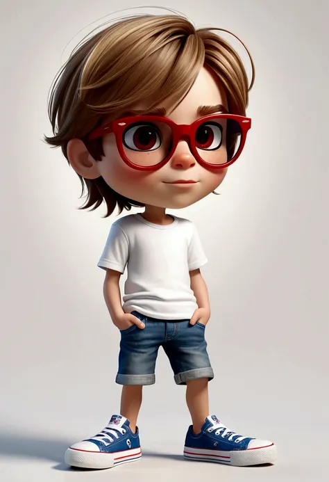 draw a 6 year old boy, cute, 3D, white background. white skin, brown hair with shades of blonde, very long and straight hair, red-rimmed glasses and dark eyes. wearing a white t-shirt with no details and denim shorts and blue all star sneakers.