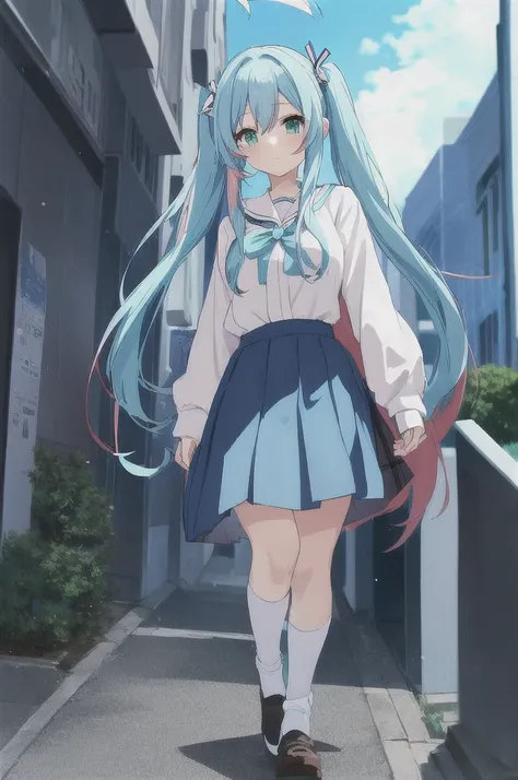 Light blue long hair、Beautiful girl with twin tails、An anime girl in a skirt is walking down the street, Best Anime、Anime Moe Art Style, Cute girl anime visuals、The light is green