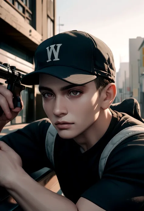 Boy in a cap with strong arms and a super realistic sniper in 8k