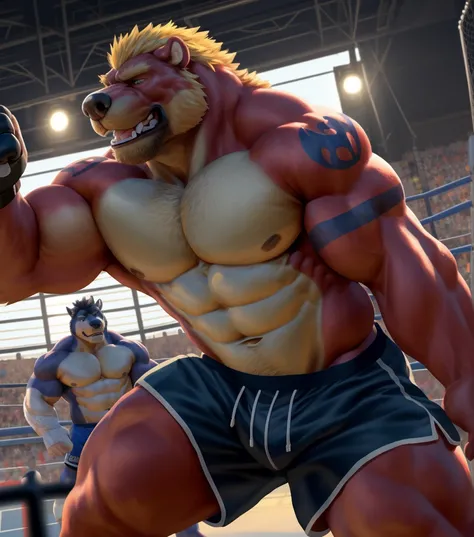 a muscular grizzly bear,a muscular husky dog,fighting in an MMA arena,shirtless,topless,wearing MMA shorts,wearing MMA gloves,(best quality,4k,8k,highres,masterpiece:1.2),ultra-detailed,(realistic,photorealistic,photo-realistic:1.37),HDR,UHD,studio lightin...