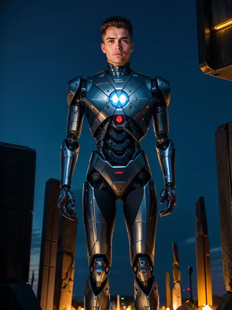 fantastic style, professional portrait,  man and kior, half-human, half-machine, (terminator), in the robot cemetery, night, future war, (in the background there is a robot cemetery)