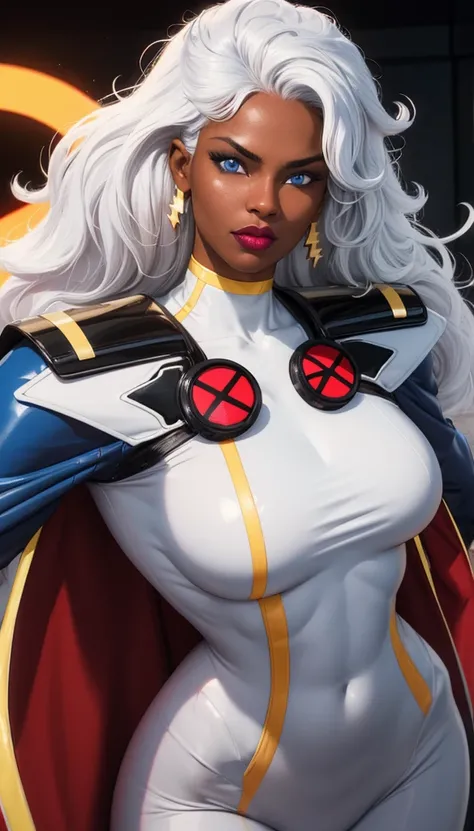 CARTOON_X_MENs_Storm,ownwaifu,
long hair,white hair,dark skin,dark-skinned female,breasts,lips,blue eyes,very dark skin,medium breasts,lipstick,floating hair,very long hair,makeup,big hair,curly hair,red lips,eyelashes,toned,
jewelry,earrings,cape,bracelet...