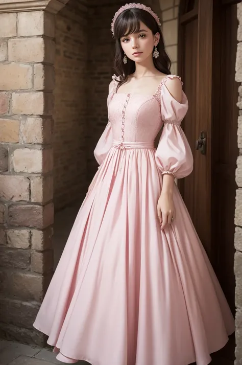 Make a dress is pinkish in color, with a fitted bodice and sweetheart neckline. The sleeves are dropped, e o corpete possui detalhes que parecem ser de renda ou bordados. The skirt is voluminous and pleated, which adds texture to the piece. coloque o fundo...