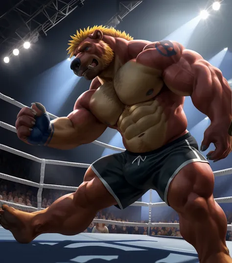 a muscular grizzly bear, fighting in an MMA arena,shirtless,topless,wearing MMA shorts,wearing MMA gloves,(best quality,4k,8k,highres,masterpiece:1.2),ultra-detailed,(realistic,photorealistic,photo-realistic:1.37),HDR,UHD,studio lighting,ultra-fine paintin...