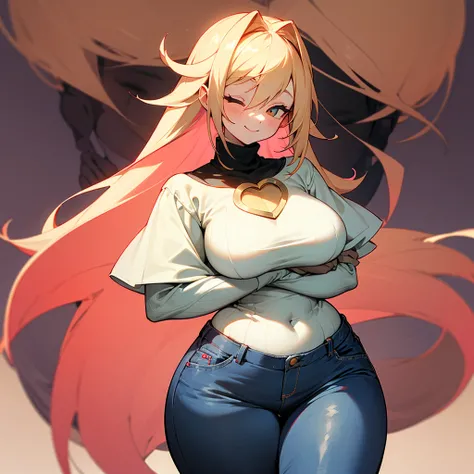 Girl with dirty blonde colored hair, black void head while smiling with eyes closed as it has white outline and the mouth has while outline too, reddish pink turtleneck with blue jeans, curvy thighs and 40B chest size