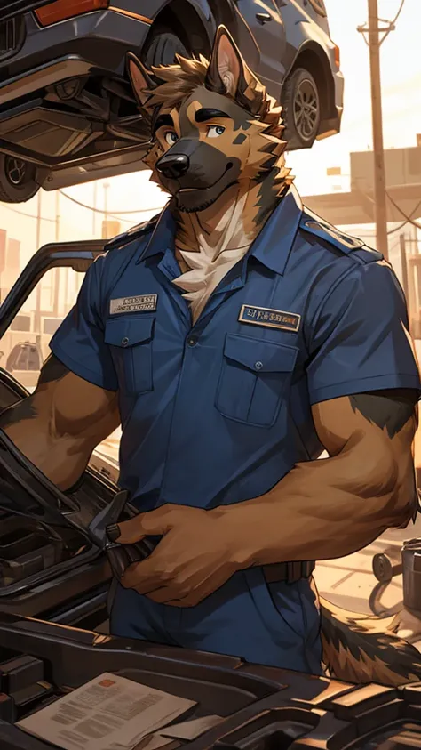 A male furry dog ​​of the Caucasian Shepherd breed is working hard as a mechanic, his chest is visible as it is uncovered and he is quite friendly