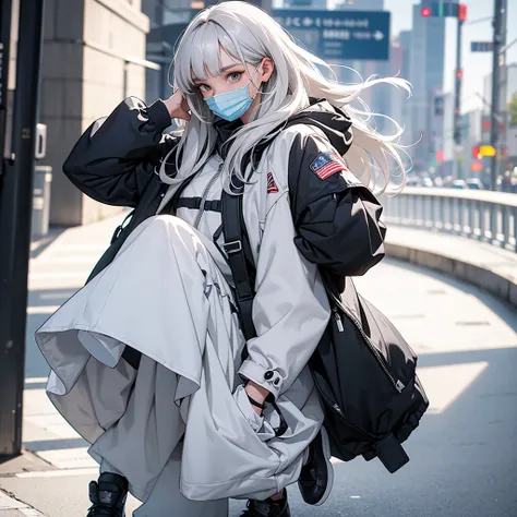 1girll,focal point：Shoot from head to shoe full body！ （Full body shooting from head to shoe），helmet, Hood, Solo, Spacesuit, Extra-long_Hair, bangs, Jacket, The upper part of the body_Body, White_Hair, bag, Blurry, Coat, Grey_Eyes, Mask, Blurry_Background, ...