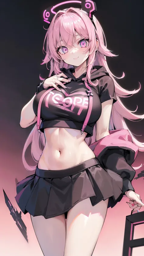 girl, (Lower bust:1.4),Large breasts droop、(ssmile:1.5)，Colored inner hair,Long gray hair:1.5,Long unkempt hair:1.35,cabelos preto e longos,Complex hairstyles,(((neon_Pink_There are eyes:1.3))),complex eyes,Beautiful and delicate eyes,symetric eye)),(spide...