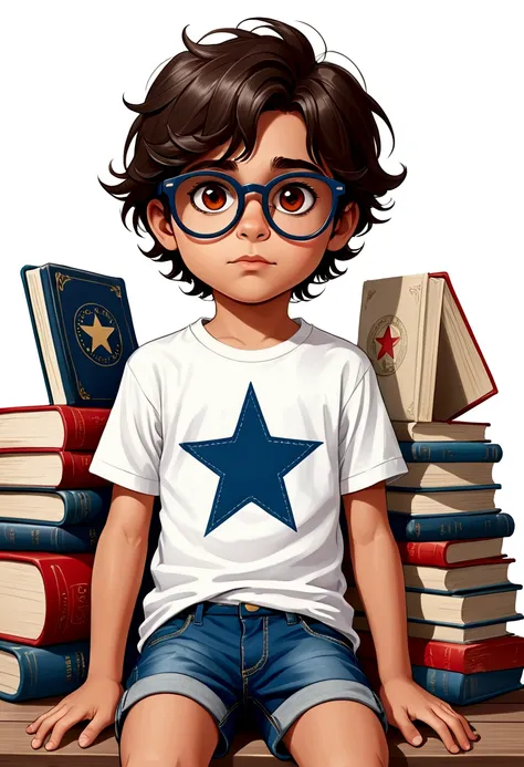 desenhar um menino de 6 anos, multiplas poses, Multiple expressions, book illustration style, simples, fofo, fundo branco. pele branca clara, cabelos castanhos com tons de loiro, cabelos muito longos e lisos, red-rimmed glasses and dark eyes.wearing white ...