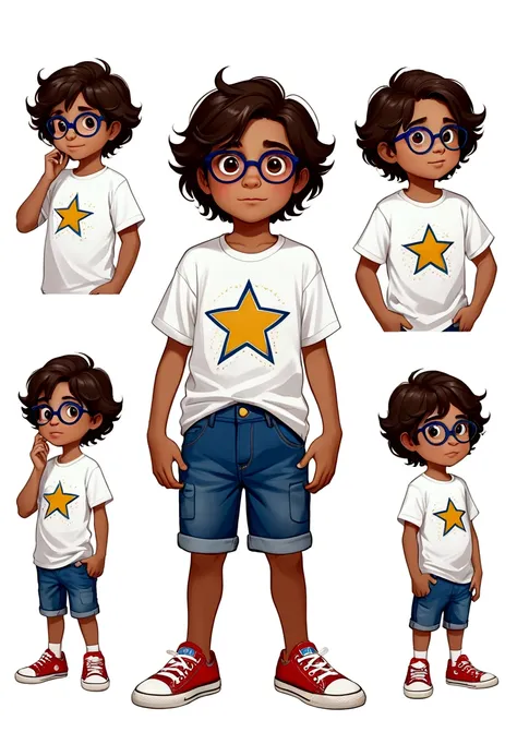 desenhar um menino de 6 anos, multiplas poses, Multiple expressions, book illustration style, simples, fofo, fundo branco. pele branca clara, cabelos castanhos com tons de loiro, cabelos muito longos e lisos, red-rimmed glasses and dark eyes.wearing white ...