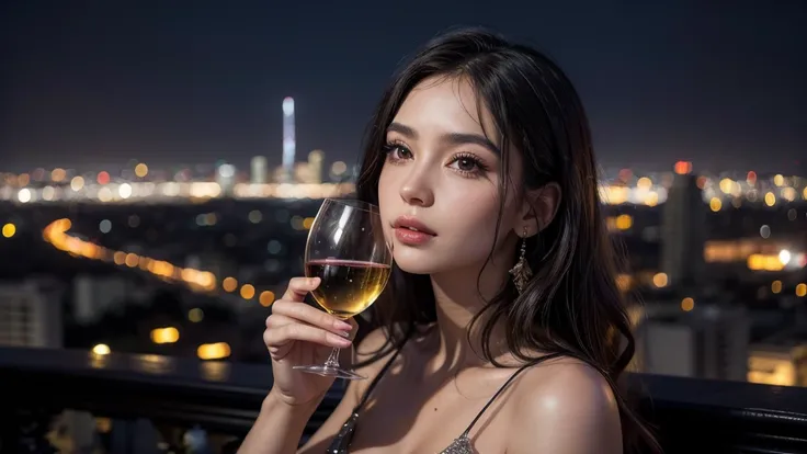 A beautiful Latin woman, detailed facial features, long eyelashes, full lips, elegant dress, in front of a night landscape in São Paulo, city skyline, illuminated buildings, starry sky, holding a glass of wine, atmospheric lighting, warm colors, cinematic ...