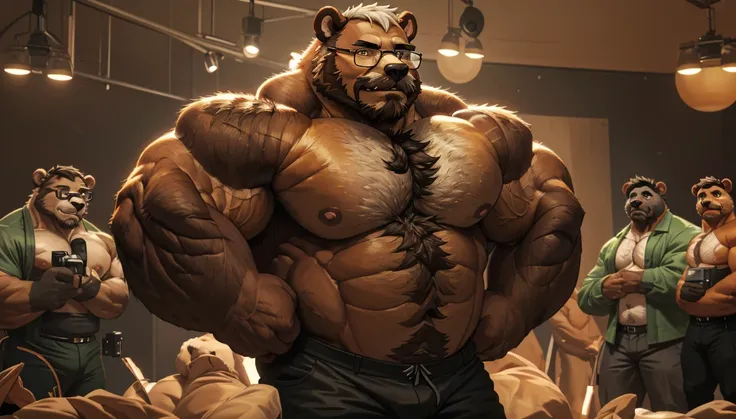 a huge muscular old bear with glasses, brown furry hairy pectoral, huge wide pectoral, short white hair, short black pants and shirtless, topless, bearded with mustache, simple background, (best quality,4k,8k,highres,masterpiece:1.2),ultra-detailed,(realis...