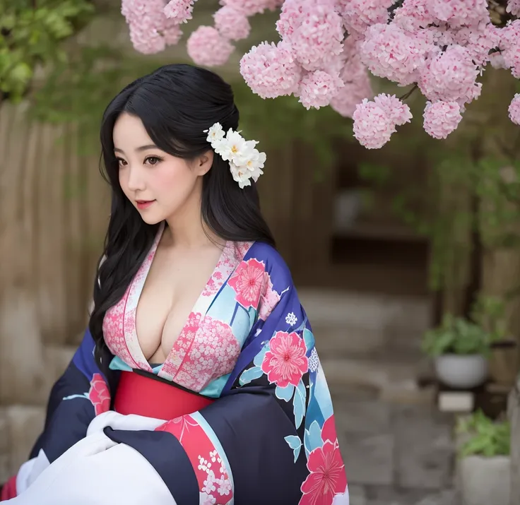 Chica hermosa de pechos grandes, lleva un kimono 👘 hermoso , cabello prensado, kimono que le sobre salen los pechos grandes y delgadas curvas de cadera y desnudas 