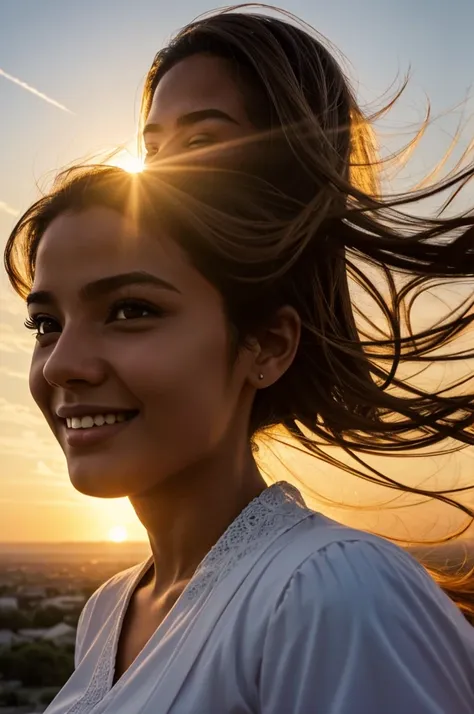 Tafah, Best quality, Still the movie, 1girl, Cloud girl, Floating in the sky, close up, emitting, happy, Soft, warm lighting, sunset, (Sparks:0.7)