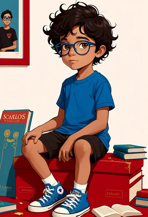 desenhar um menino de 6 anos, book illustration style, simples, fofo, fundo branco. pele branca, cabelos castanhos claro com tons de loiro, cabelos muito longos e lisos, red frame glasses.   olhos escuros. vestindo camiseta branca sem detalhes e short pret...