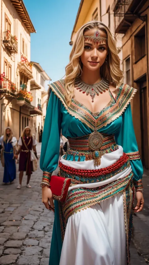 Most beautiful german blonde lady, wearing kabyle robe, kabyledress, amazigh, berber, kabyleoitfits, bijoux, street background, realistic,4k, professional, red