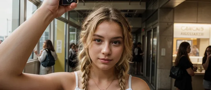 a 20 year old girl with blonde braided hair, in public, selfie, portrait