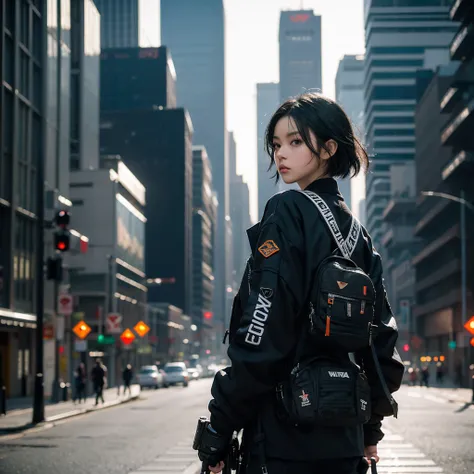 (masterpiece), best quality,1girl, short black hair, urban techwear, blurry background, eye focus, finger on lip, cowboy shot, huge city background, lora:GirlfriendMix2:1, zydG, looking over back, dramatic light, cinematic light