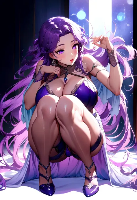 Create a digital artwork of a voluptuous female character with massive breasts in an anime-inspired style. The character should have long, flowing purple hair and large, expressive purple eyes. She should be wearing very see through lingerie accentuates he...