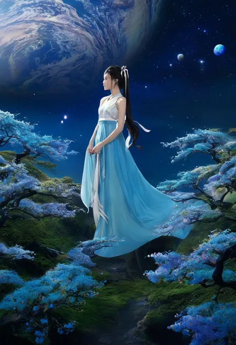 This image is、Detailed fantasy art depicting dreamy, otherworldly landscapes.。The elements are explained in detail below：

### Central figure - **clothing**: A young woman wearing a sailor uniform stands in the center.。彼女の制服はwhiteと紺色で、Traditional Japanese ...