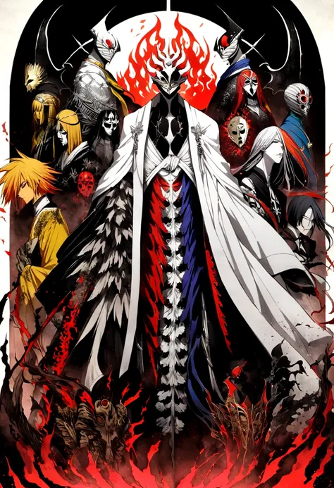 Create a “Bleach” poster with Ichigo in Bankai form, surrounded by Soul Reapers against a backdrop combining the Soul Society and Hueco Mundo. Highlight their Zanpakuto and include symbolic details like Ichigo’s Hollow mask. Use vibrant colors and a taglin...