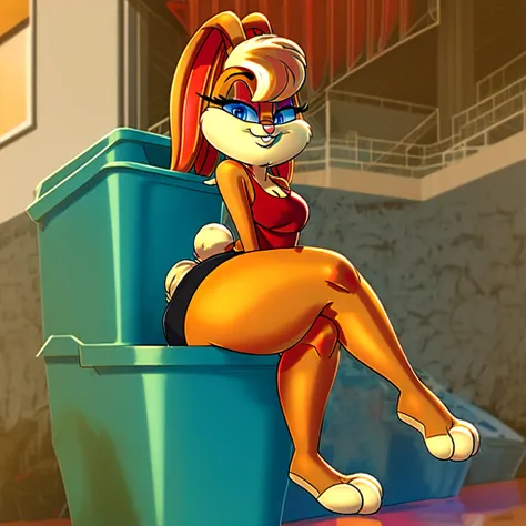 anthro bunny character, wearing red shirt, wearing black swimming shorts, has thick thighs, sitting down in crossed legs, in a t...