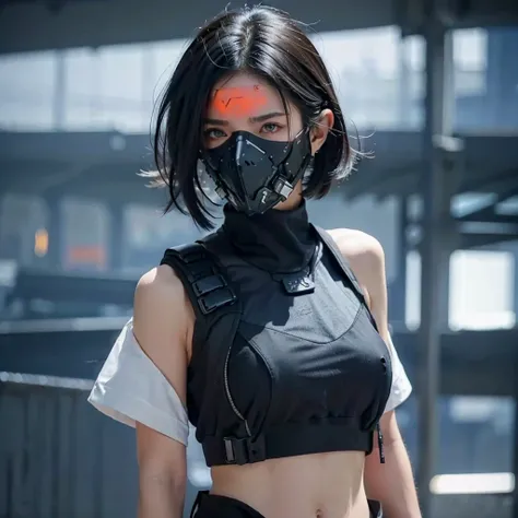 (masterpiece), best quality,1girl, short black hair, blue eyes, sexy urban techwear, white tank top, blurry background, eye focus, finger on lip, cowboy shot, huge city background, lora:GirlfriendMix2:1, zydG, looking over back, dramatic light, cinematic l...