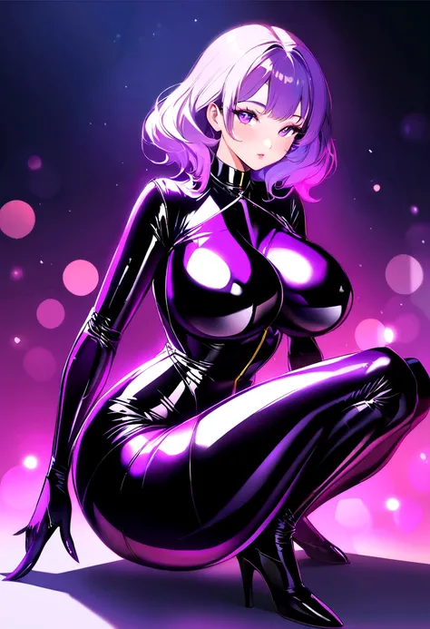 Create a digital artwork of a voluptuous female character with massive breasts in an anime-inspired style. The character should have long, flowing purple hair and large, expressive purple eyes. She should be wearing a glossy black latex suit that accentuat...