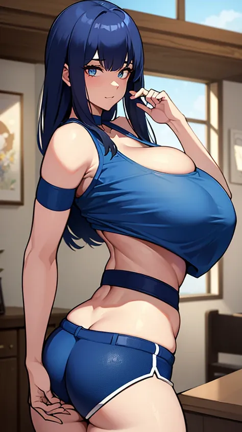 ((best quality)), ((masterpiece)), (detailed), perfect face, blue top, crop top, blue fitted legging shorts, huge breasts, huge ass