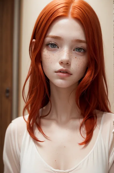 Girl with red hair, white, with freckles, angelic face, scar on her lip, 