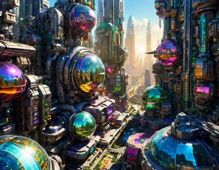 (sunny mid-morning lighting), megacity, megalopolis of an imaginary world of science fiction , parecido a una disneylandia futur...