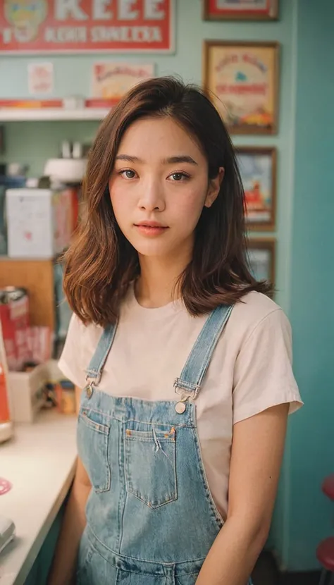 Portrait MagMix Girl look at camera, long hair, Overalls, Retro ice cream parlor with pastel-colored walls, a classic soda fountain counter, and vintage ice cream posters, bathed in warm sunlight, analog film photo, Kodachrome.