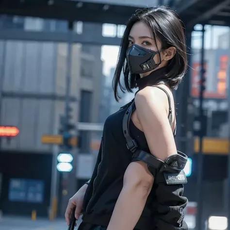 (masterpiece), best quality,1girl, short black hair, blue eyes, sexy urban techwear, white tank top, blurry background, eye focus, finger on lip, cowboy shot, huge city background, lora:GirlfriendMix2:1, zydG, looking over back, dramatic light, cinematic l...