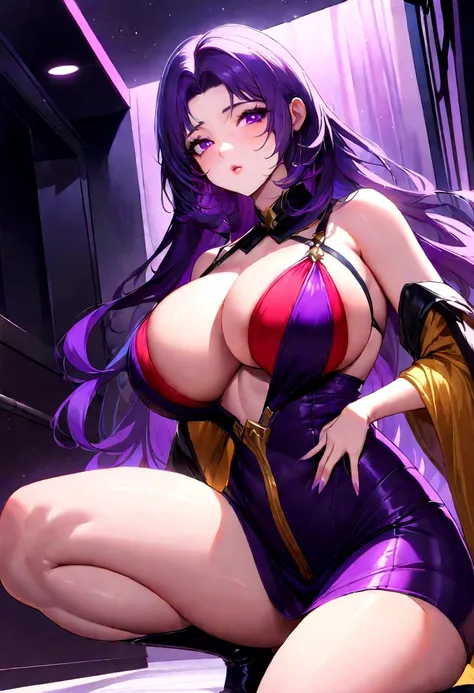 Create a digital artwork of a voluptuous female character with massive breasts in an anime-inspired style. The character should have long, flowing purple hair and large, expressive purple eyes. She should be wearing a red bra that accentuates her curves. T...