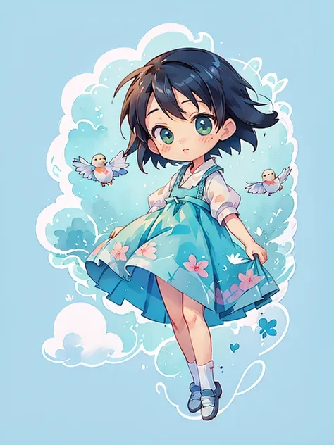 makoto shinkai style, kawaii design, most beautiful girl ever、chibi, birdie、high walls