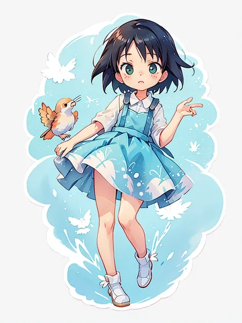 Makoto Shinkai style, Kawaii Design, most beautiful girl ever、Chibi, birdie、High walls