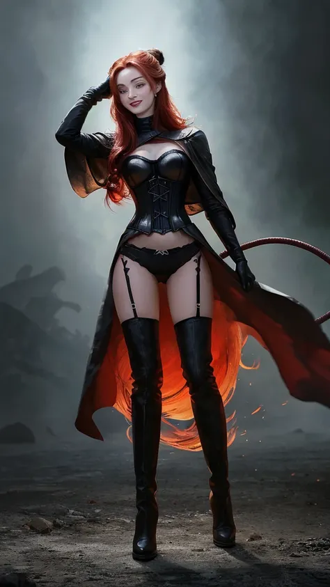 Sophie Turner wearing the Evil Dark Phoenix costume, smiling, red hair tied in a bun at the back of her head, black corset, black thong panties, wears long black leather boots, long black gloves that cover her arms until above the elbows, black cape with a...