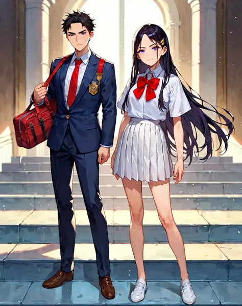 score_9, score_8_up, score_7_up, score_anime, (Beautiful eyes) ,full length, girl and two guys, (two tall and stylish guys), (girl between guys), (black long hair), red tie bow, a white blouse, short black pleated skirt, ((Schoolgirl)), Elite , purple eyes...