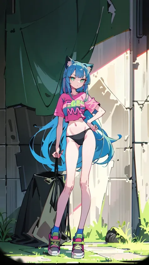 Masterpiece, best quality, high resolution, 1 woman, Long blue hair with pink stripes, smooth, green eyes, Bored face , cat ears , pink t-shirt , black bikini , abdomen, big breasts , Long legs , stand on your hips , canvas shoes , wall , Garbage bags 