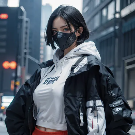 (masterpiece), best quality,1girl, short black hair, blue eyes, sexy urban techwear, white tank top, blurry background, eye focus, finger on lip, cowboy shot, huge city background, lora:GirlfriendMix2:1, zydG, looking over back, dramatic light, cinematic l...