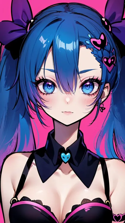 A woman with blue hair and tattoos stands in front of a pink wall, jinx from league of legends, portrait of jinx from arcane, jinx expression, jinx face, jinx from arcane, Arcane Jinx, 2 d anime style, vi from league of legends, beautiful blue-haired girl,...