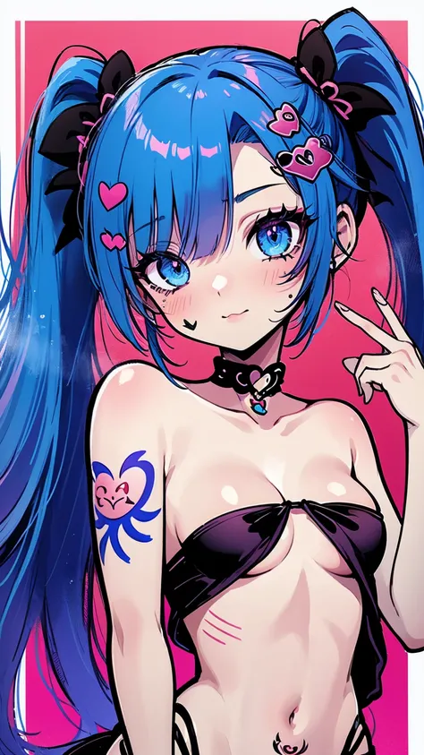 A woman with blue hair and tattoos stands in front of a pink wall, jinx from league of legends, portrait of jinx from arcane, jinx expression, jinx face, jinx from arcane, Arcane Jinx, 2 d anime style, vi from league of legends, beautiful blue-haired girl,...